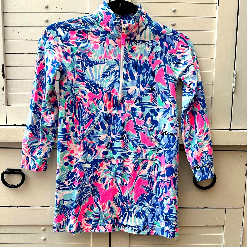 LILLY PULITZER girls Tweet Hearts coverup blue pink M (6-7) quarter zip dress